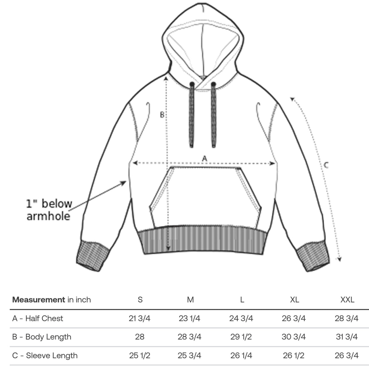 Size guide for ECO All-Gender Ultra Premium Heavyweight Hoodie — Full Back Logo