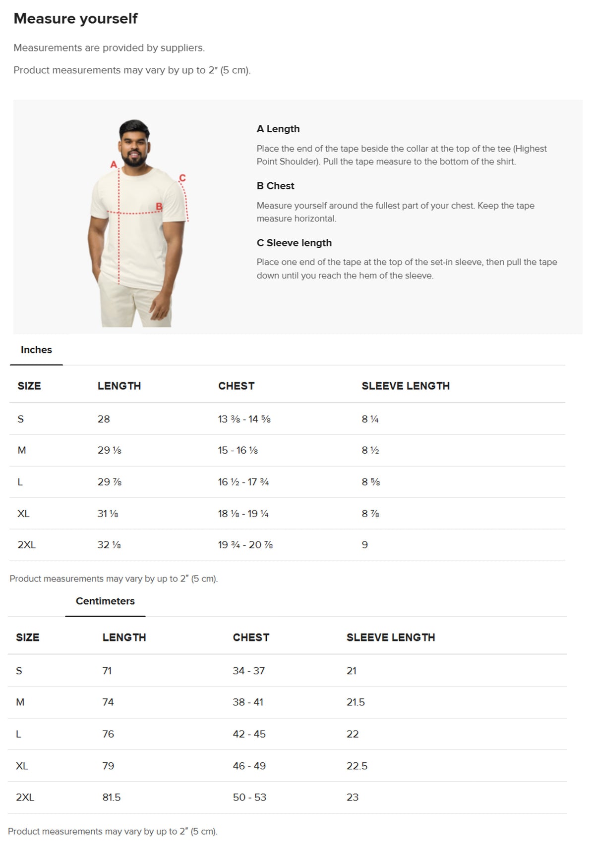 Size guide for ECO All-Gender Mid-Light T-Shirt – 2 Colour Logo