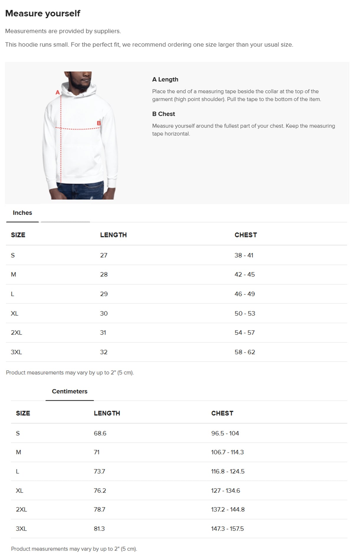 Size guide for All-Gender Premium Hoodie Full Colour Logo