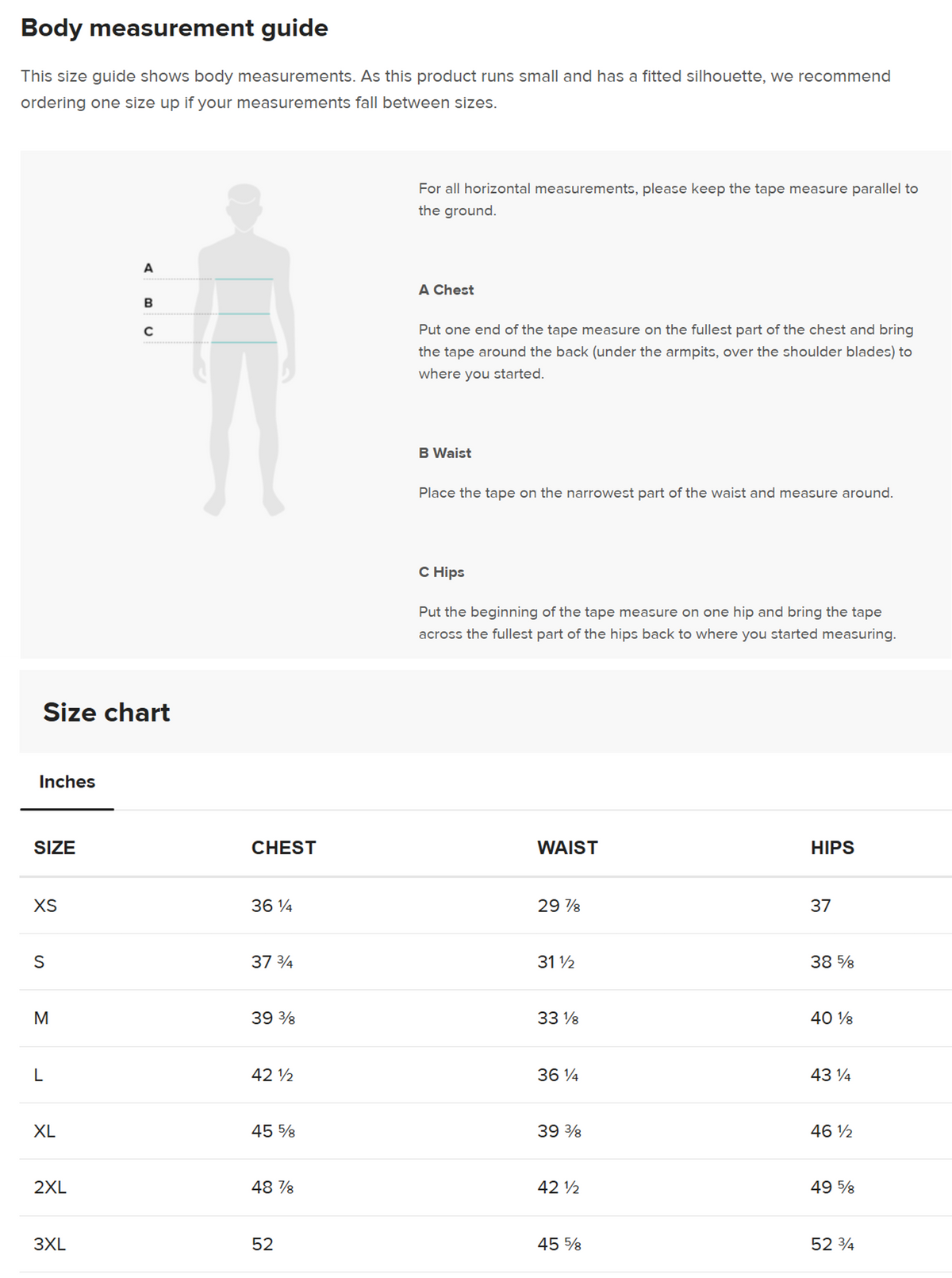 Size guide for Bombora Men’s Rash Guard