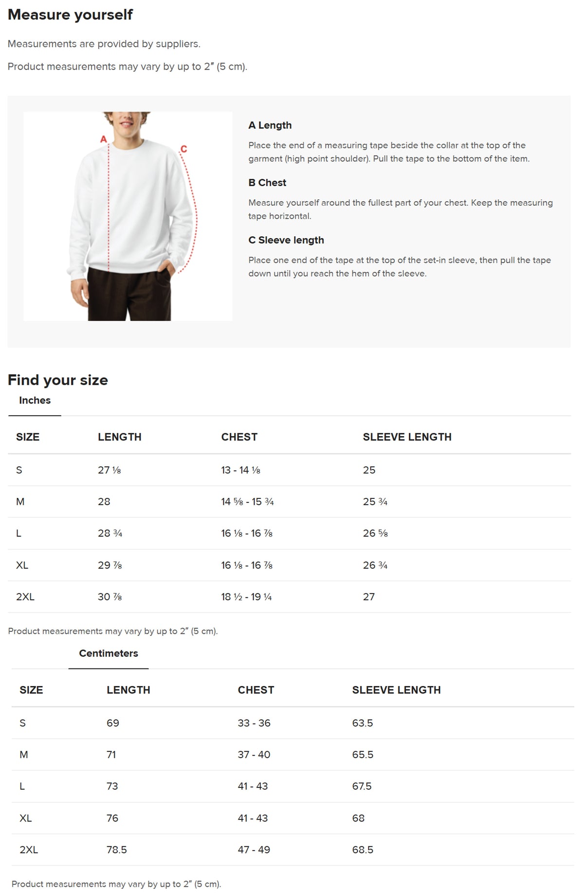 Size guide for ECO All-Gender Mid-Weight Sweatshirt — Signature