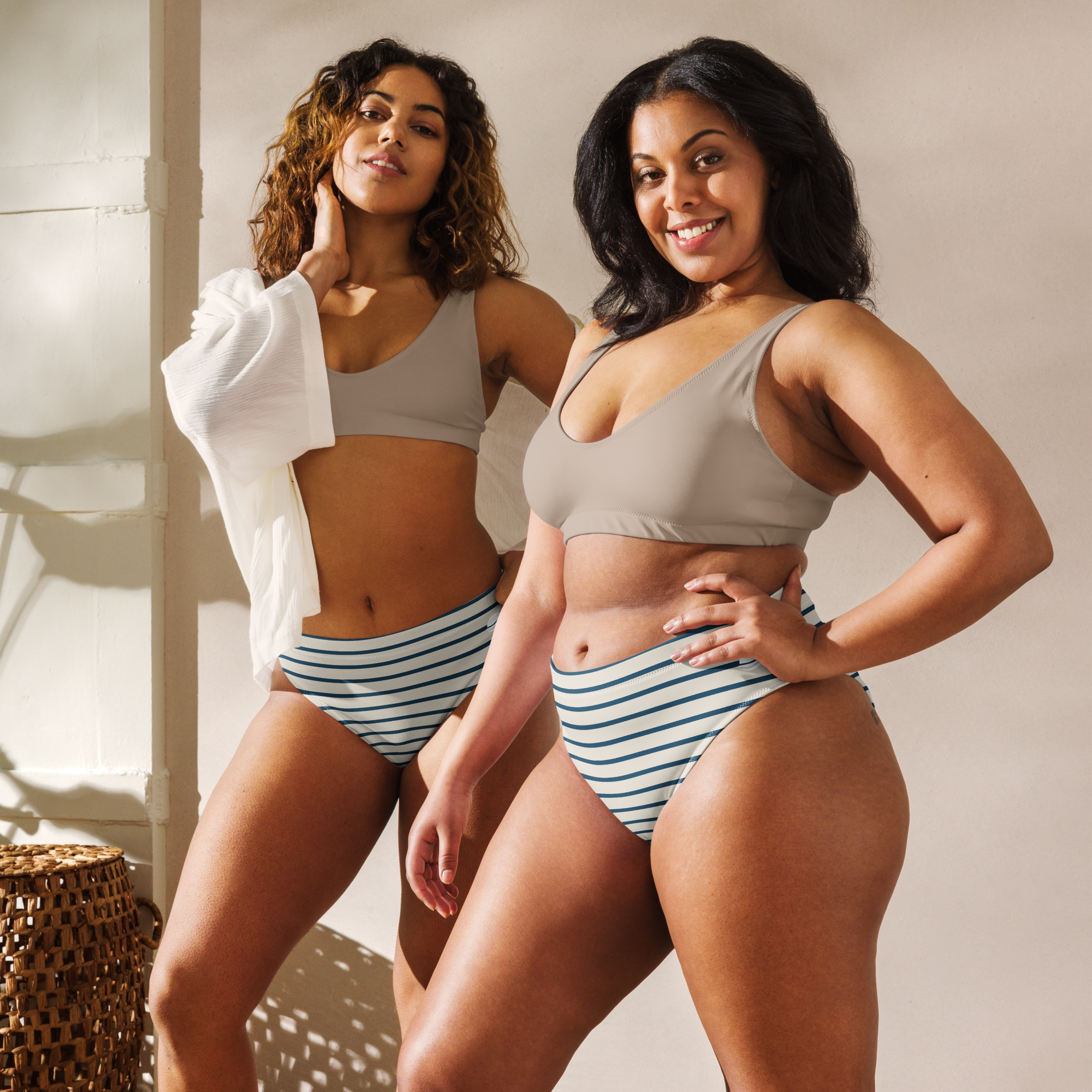 Halcyon Collection High-Waisted Bikini Bottom – Sand & Navy Stripe