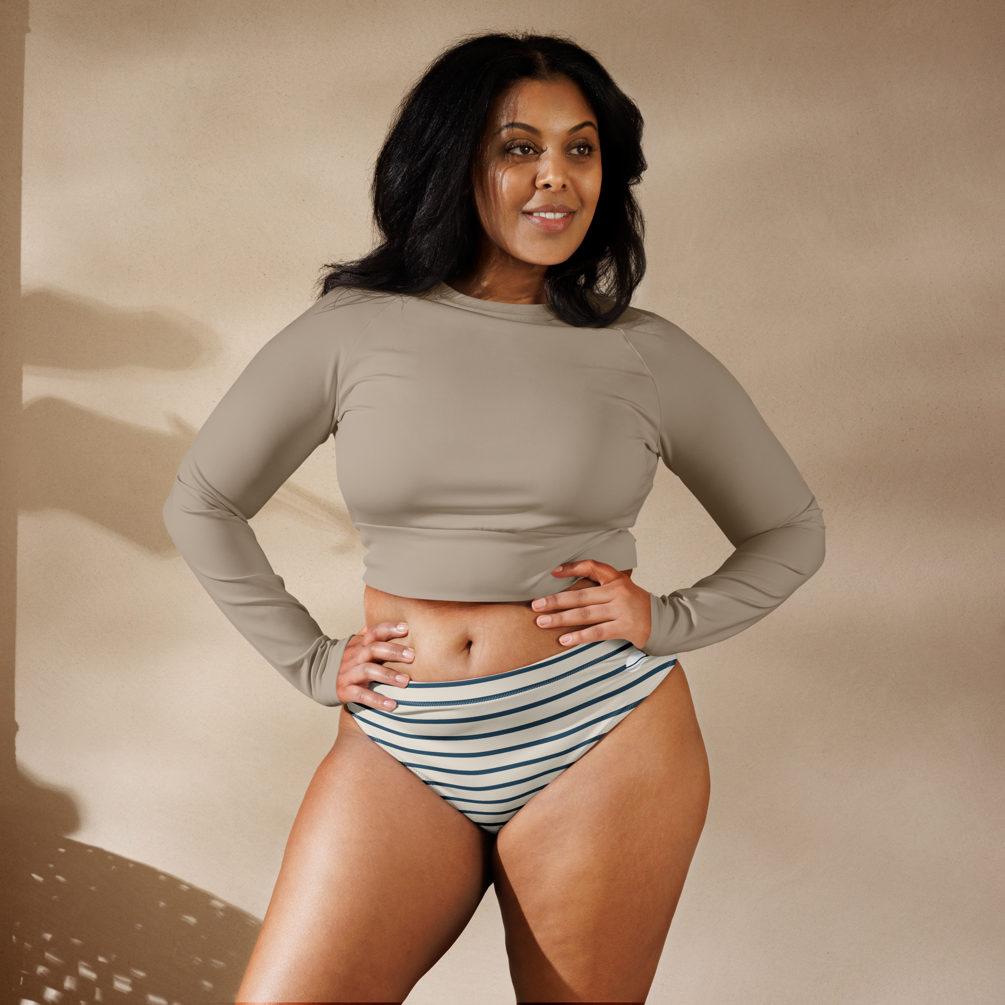 Halcyon Collection High-Waisted Bikini Bottom – Sand & Navy Stripe