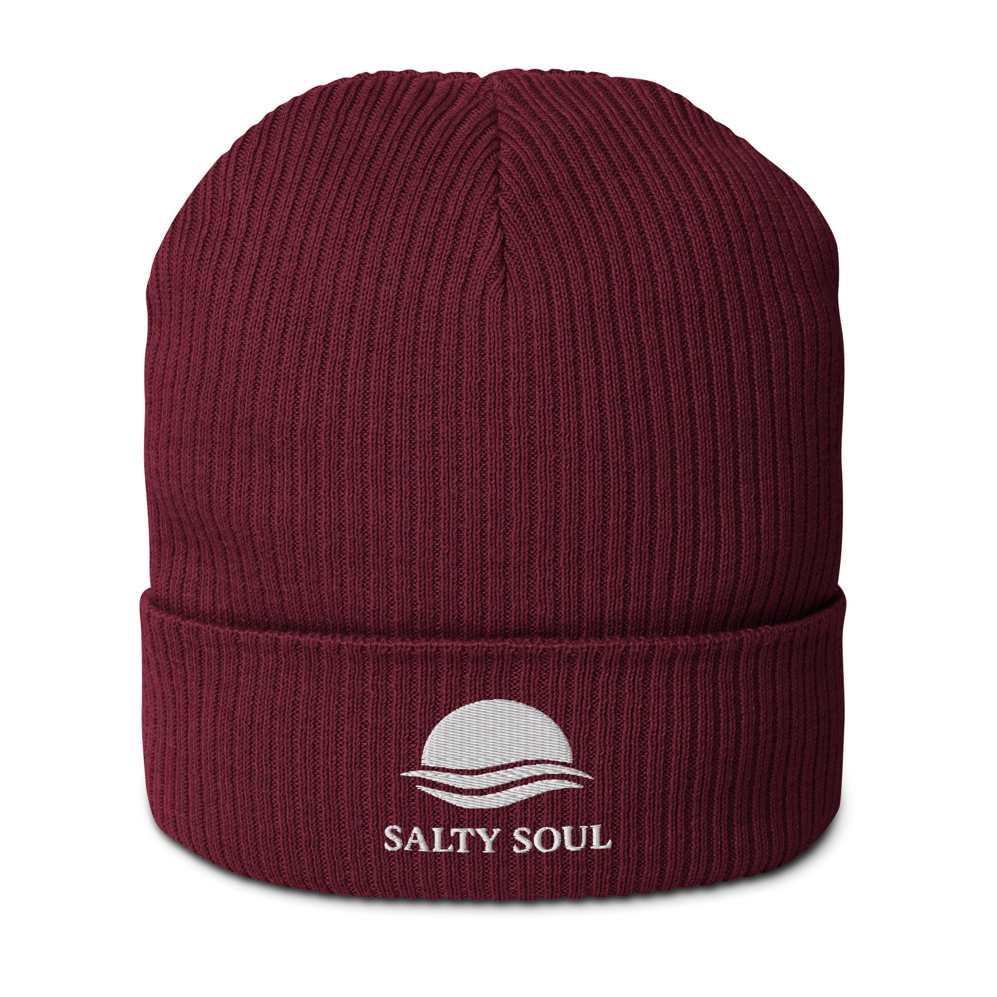 Organic cotton ribbed beanie in Burgundy with embroidered logo