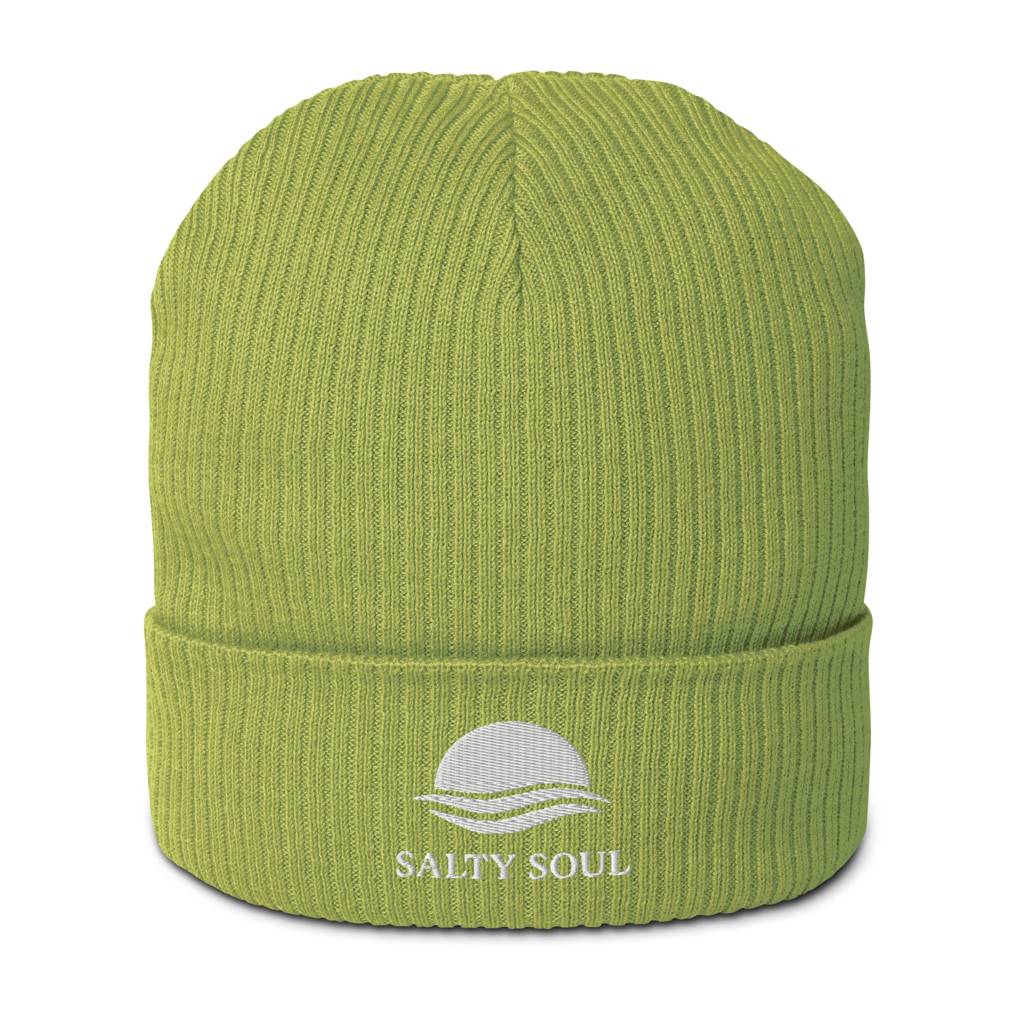 Organic cotton ribbed beanie in Leaf Green with embroidered logo