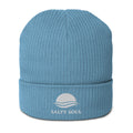 Organic cotton ribbed beanie in Light Avio Blue with embroidered logo