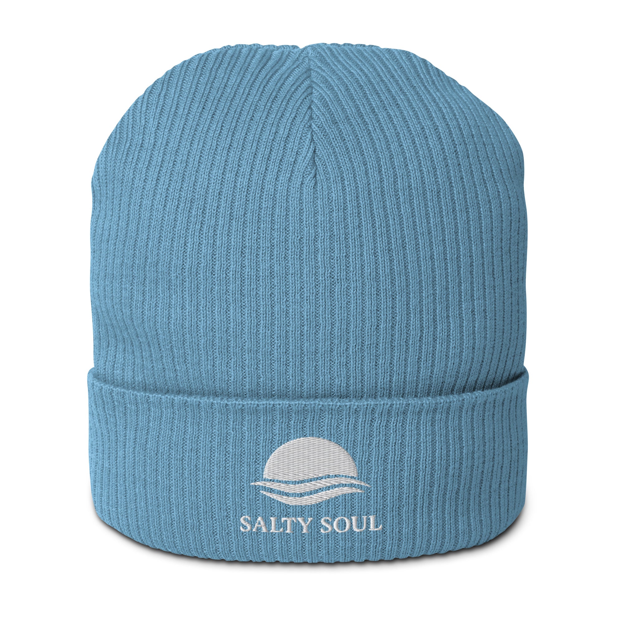 Organic cotton ribbed beanie in Light Avio Blue with embroidered logo