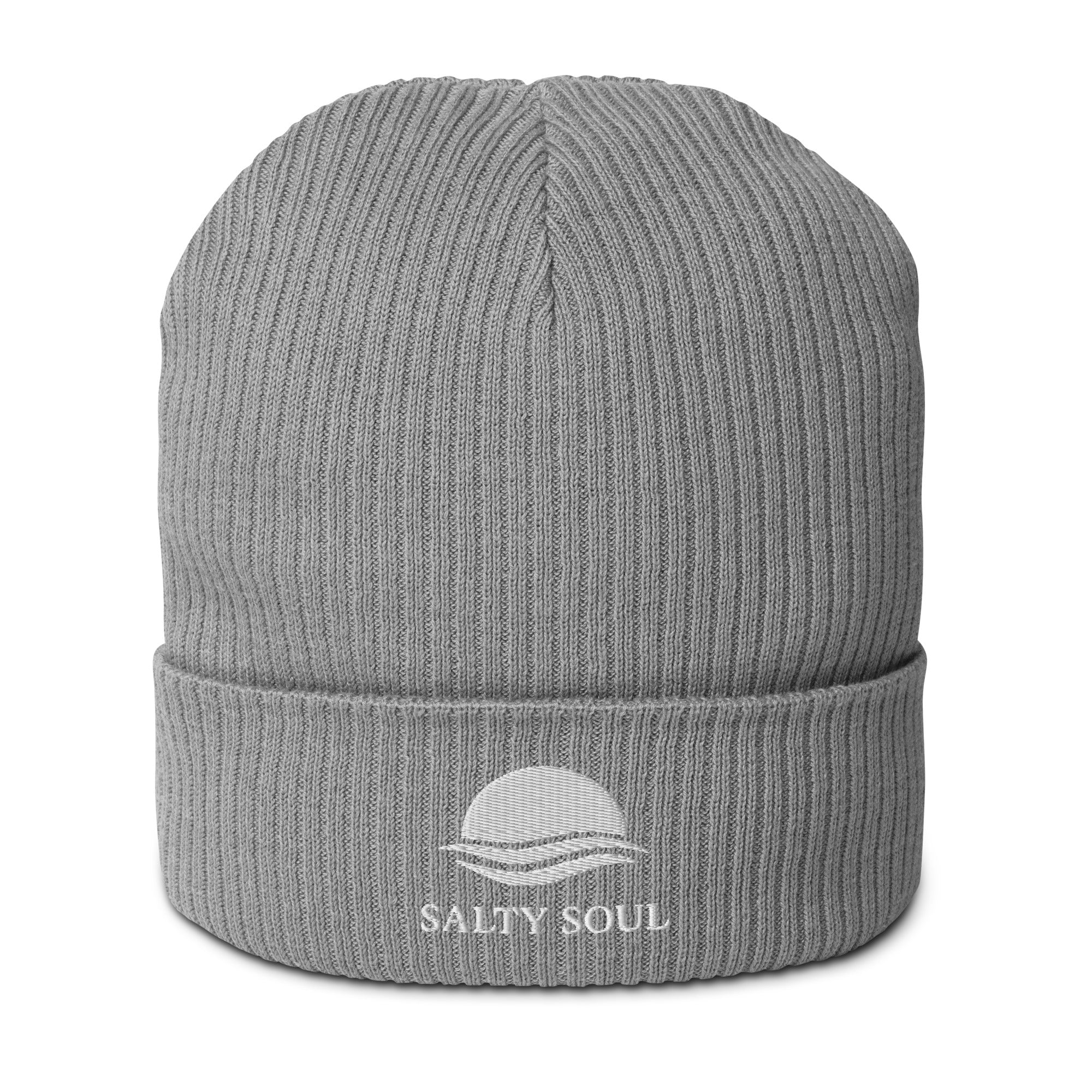 Organic cotton ribbed beanie in Light Grey with embroidered logo