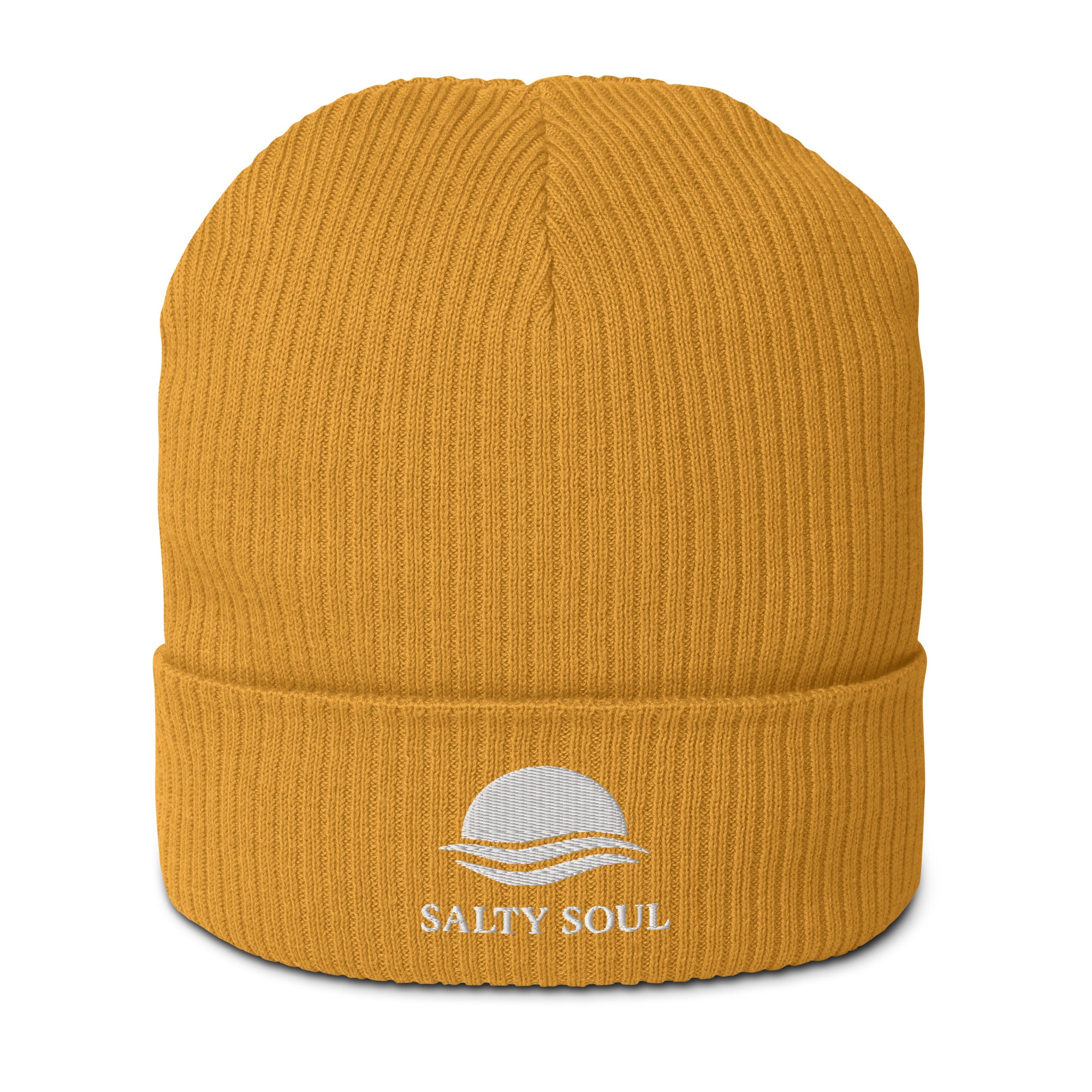 Organic cotton ribbed beanie in Mustard Yellow with embroidered logo