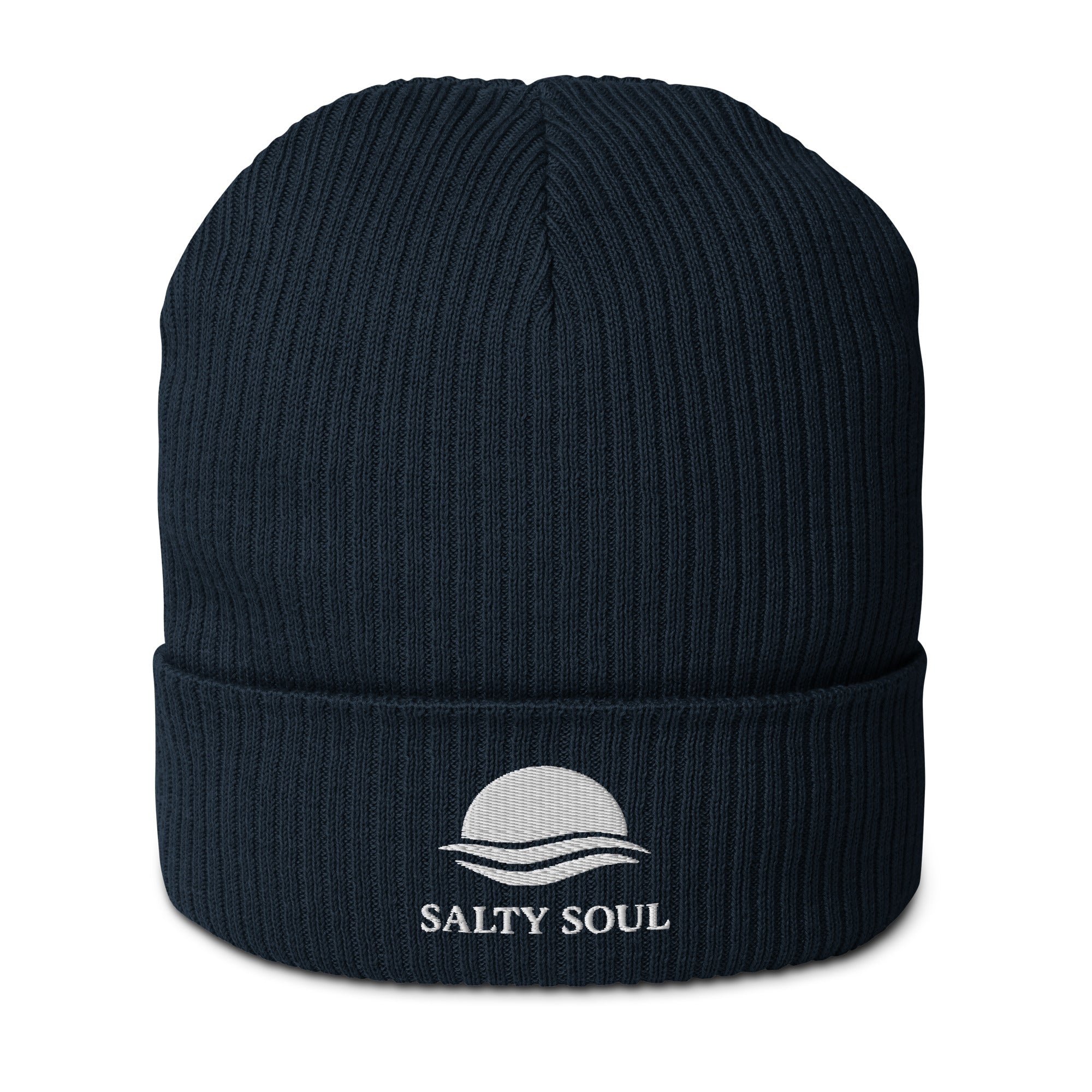 Organic cotton ribbed beanie in Oxford Navy with embroidered logo